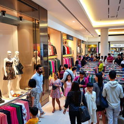 A bustling clothes shop inside a modern mall, showcasing a variety of vibrant and stylish garments arranged in elegant displays