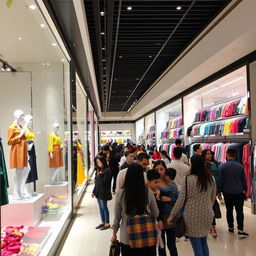 A bustling clothes shop inside a modern mall, showcasing a variety of vibrant and stylish garments arranged in elegant displays