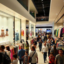 A bustling clothes shop inside a modern mall, showcasing a variety of vibrant and stylish garments arranged in elegant displays