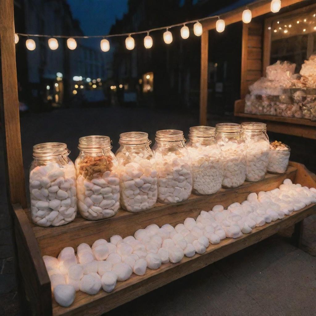 A street stall filled with jars of marshmallows and various kinds of nuts, laid out in an appealing and neat arrangement with softly glowing lanterns providing cozy lighting.