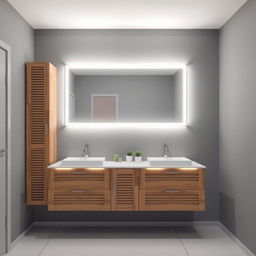 A bathroom setting with gray walls