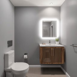 A bathroom setting with gray walls