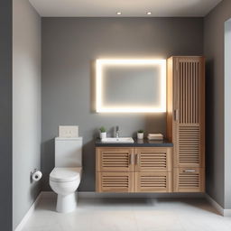 A bathroom setting with gray walls