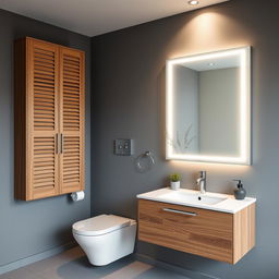 A bathroom setting with gray walls