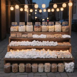 A street stall filled with jars of marshmallows and various kinds of nuts, laid out in an appealing and neat arrangement with softly glowing lanterns providing cozy lighting.