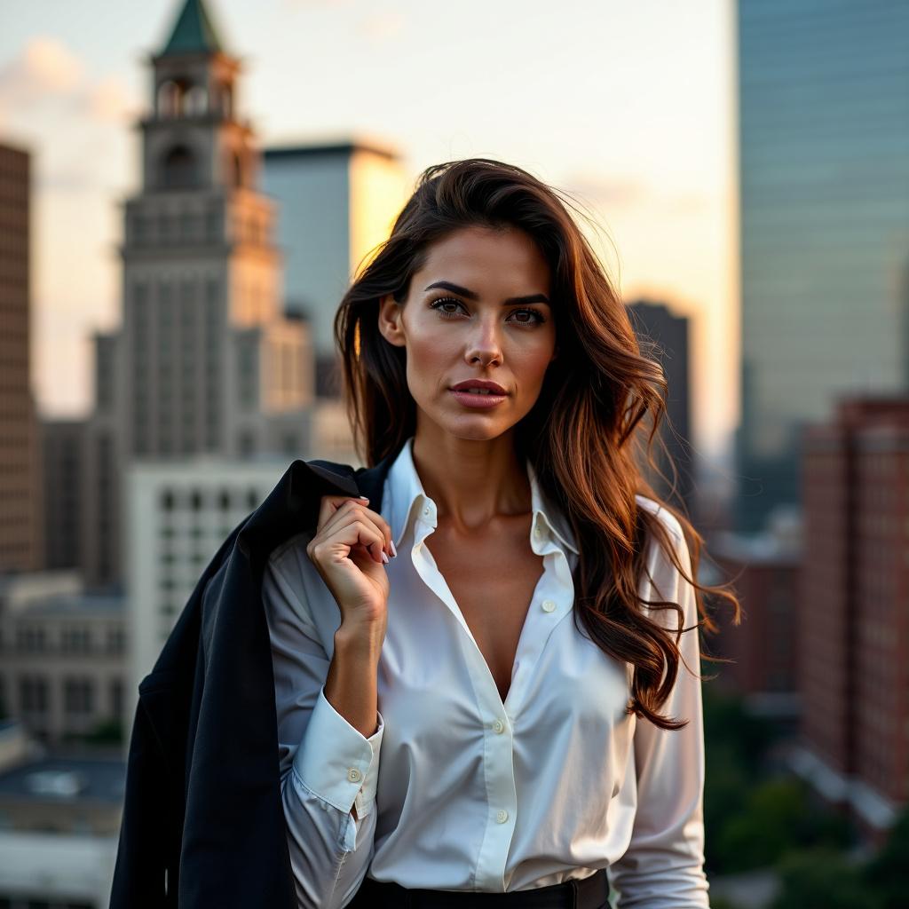 A confident and mature business woman standing in the skyline of Boston