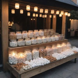 A street stall filled with jars of marshmallows and various kinds of nuts, laid out in an appealing and neat arrangement with softly glowing lanterns providing cozy lighting.