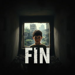 A striking movie poster for "FIN", depicting the interior of a dimly lit bunker with a young boy as the main protagonist