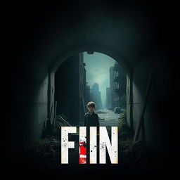 A striking movie poster for "FIN", depicting the interior of a dimly lit bunker with a young boy as the main protagonist