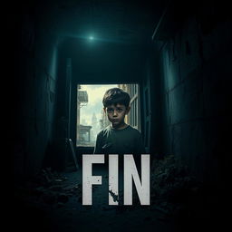 A striking movie poster for "FIN", depicting the interior of a dimly lit bunker with a young boy as the main protagonist