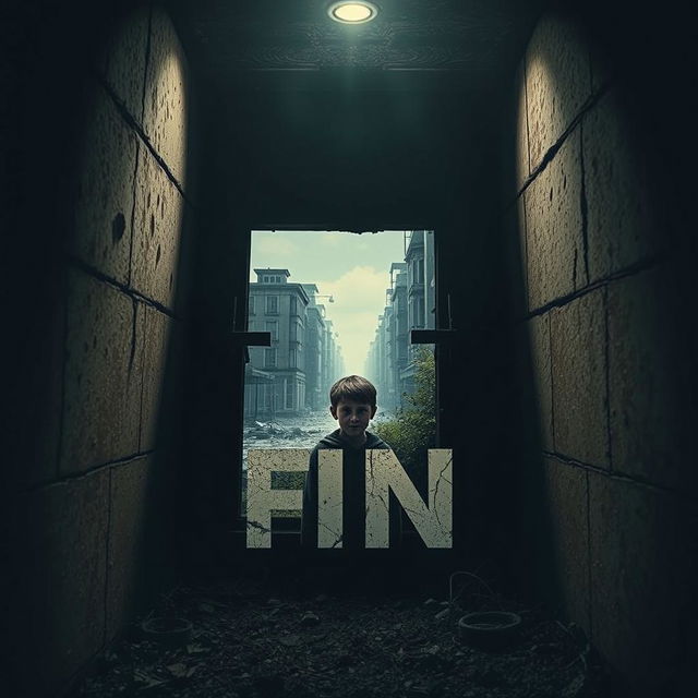 A striking movie poster for "FIN", depicting the interior of a dimly lit bunker with a young boy as the main protagonist