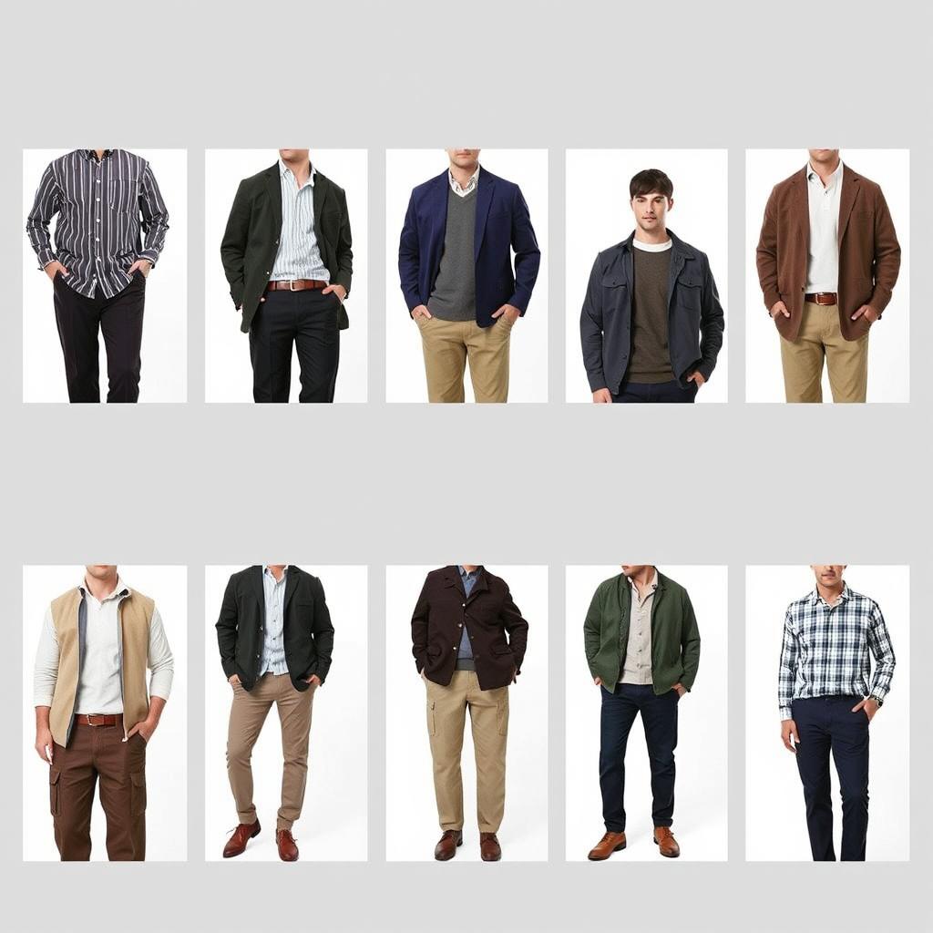 A series of 10 outfits for men emphasizing comfortable, stylish looks that balance casual and elegant tones while subtly helping to conceal the belly