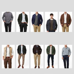 A series of 10 outfits for men emphasizing comfortable, stylish looks that balance casual and elegant tones while subtly helping to conceal the belly