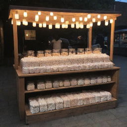 A street stall filled with jars of marshmallows and various kinds of nuts, laid out in an appealing and neat arrangement with softly glowing lanterns providing cozy lighting.