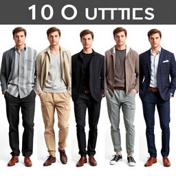 A series of 10 outfits for men emphasizing comfortable, stylish looks that balance casual and elegant tones while subtly helping to conceal the belly