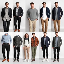 A series of 10 outfits for men emphasizing comfortable, stylish looks that balance casual and elegant tones while subtly helping to conceal the belly