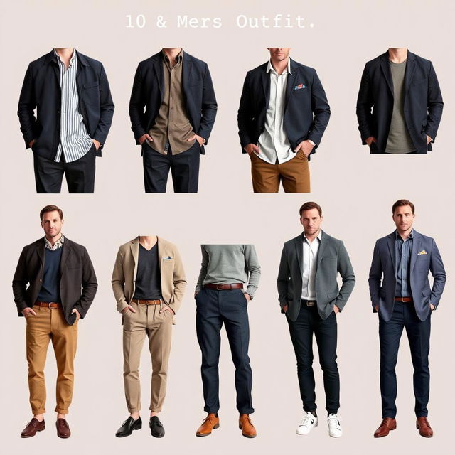 A series of 10 outfits for men emphasizing comfortable, stylish looks that balance casual and elegant tones while subtly helping to conceal the belly