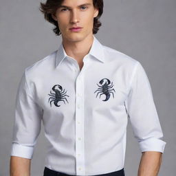 Design a sophisticated and stylish collared shirt featuring a unique scorpion motif.