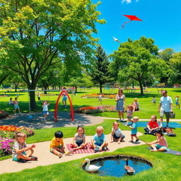 A lively scene in a vibrant park filled with children engaging in various activities