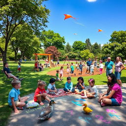 A lively scene in a vibrant park filled with children engaging in various activities