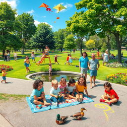 A lively scene in a vibrant park filled with children engaging in various activities