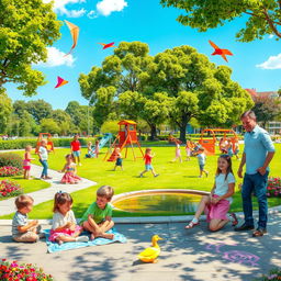 A lively scene in a vibrant park filled with children engaging in various activities