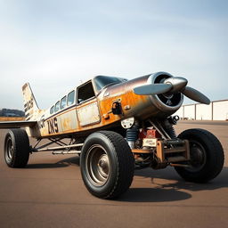 A Cessna 210 converted into a rat rod, creatively transformed with no wings, integrated into a race car frame