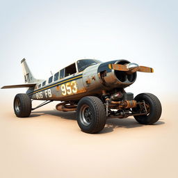 A Cessna 210 converted into a rat rod, creatively transformed with no wings, integrated into a race car frame