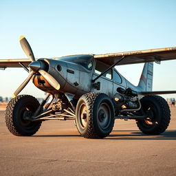 A Cessna 210 converted into a rat rod, creatively transformed with no wings, integrated into a race car frame