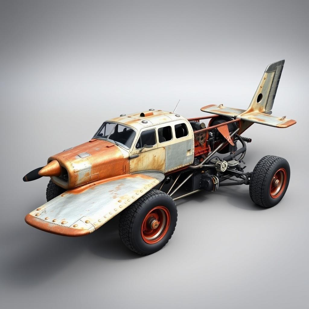 A Cessna 210 converted into a rat rod, creatively transformed with no wings, integrated into a race car frame