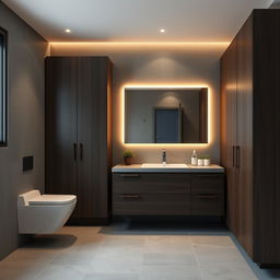 A bathroom setting with gray walls and dark wood furniture