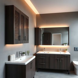 A bathroom setting with gray walls and dark wood furniture