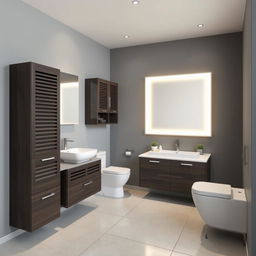 A bathroom setting with gray walls and dark wood furniture