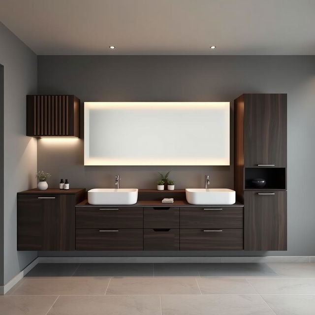 A bathroom setting with gray walls and dark wood furniture