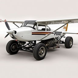 A Cessna 210 modified into a rat rod, featuring its main body without wings, mounted onto a race car frame