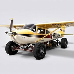 A Cessna 210 modified into a rat rod, featuring its main body without wings, mounted onto a race car frame