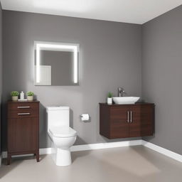 A bathroom with gray walls featuring dark wood furniture