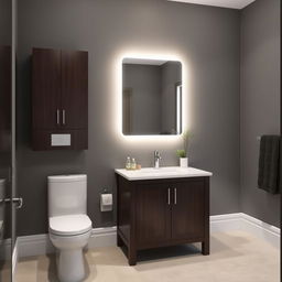 A bathroom with gray walls featuring dark wood furniture