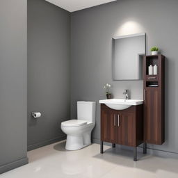 A bathroom with gray walls featuring dark wood furniture