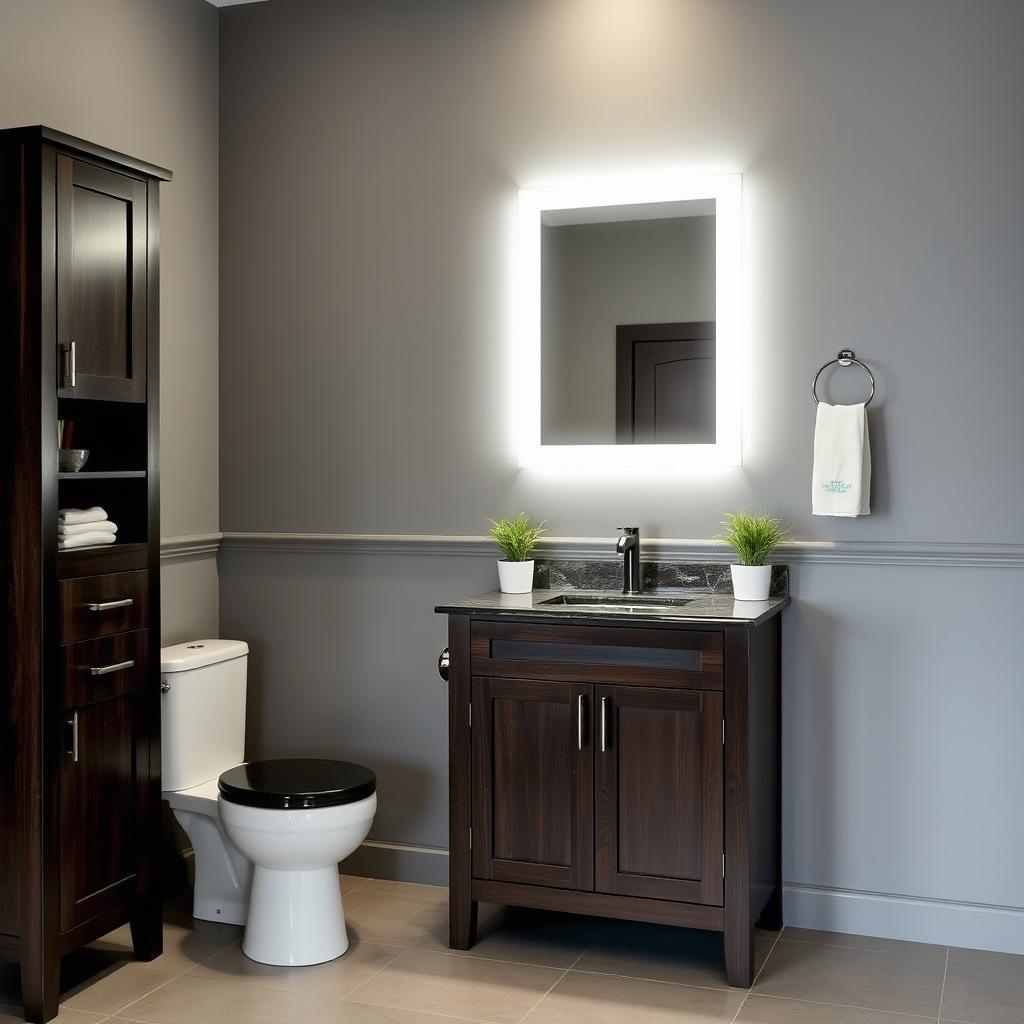 A bathroom with gray walls featuring dark wood furniture