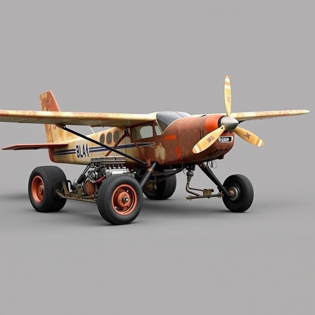 A Cessna 210 transformed into a rat rod, featuring no wings and mounted on a race car frame