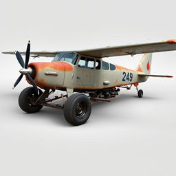 A Cessna 210 transformed into a rat rod, featuring no wings and mounted on a race car frame