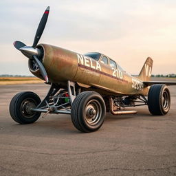 A Cessna 210 transformed into a rat rod, featuring no wings and mounted on a race car frame