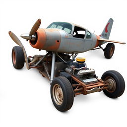 A Cessna 210 transformed into a rat rod, featuring no wings and mounted on a race car frame