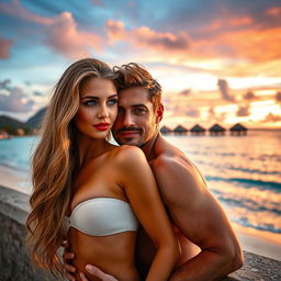 A 40-year-old man with brown hair and grey-blue eyes is pressing his body against a beautiful curvy woman with long honey blonde hair, green eyes, and red lips against a wall