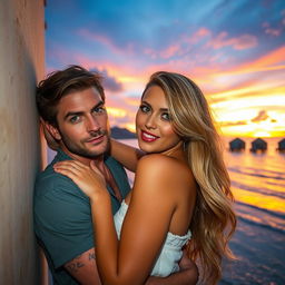 A 40-year-old man with brown hair and grey-blue eyes is pressing his body against a beautiful curvy woman with long honey blonde hair, green eyes, and red lips against a wall