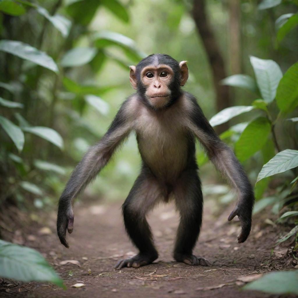 An endearing monkey named Apik strolling cheerfully through a rich, lush jungle.