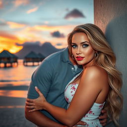 A 40-year-old man with brown hair and grey-blue eyes is pressing his body against a beautiful curvy woman with long honey blonde hair, green eyes, and red lips against a wall