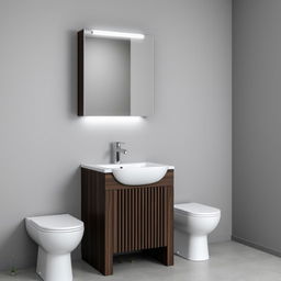 A bathroom with gray walls featuring dark wood furniture