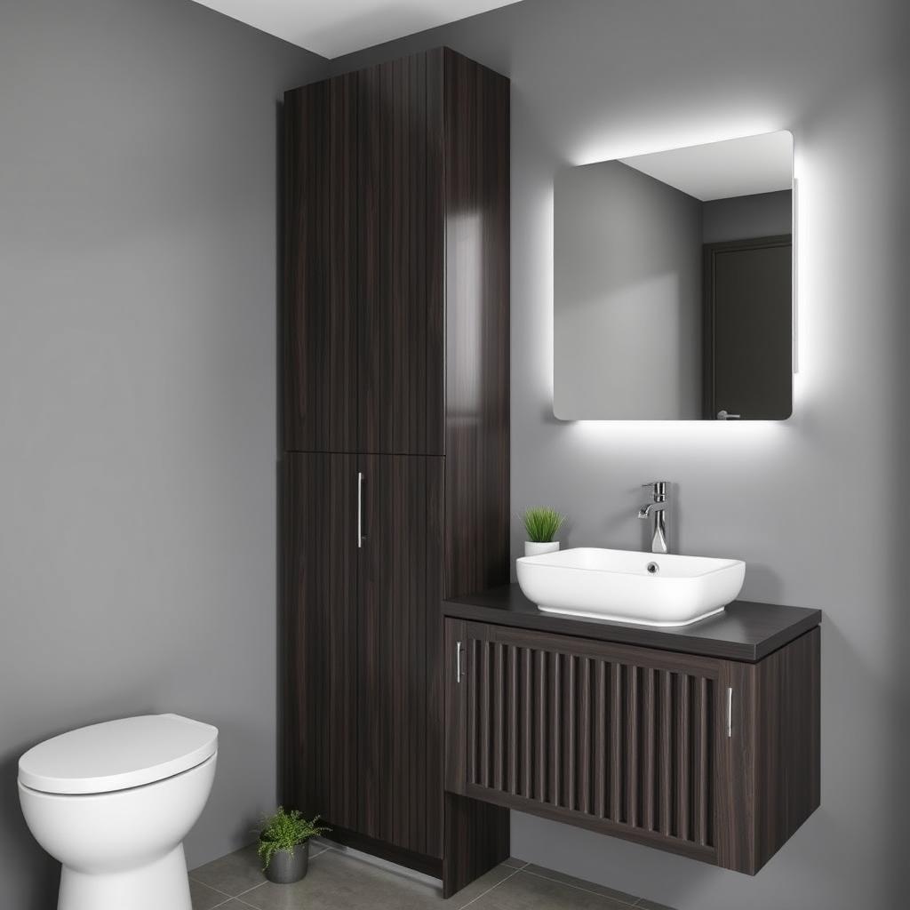 A bathroom with gray walls featuring dark wood furniture